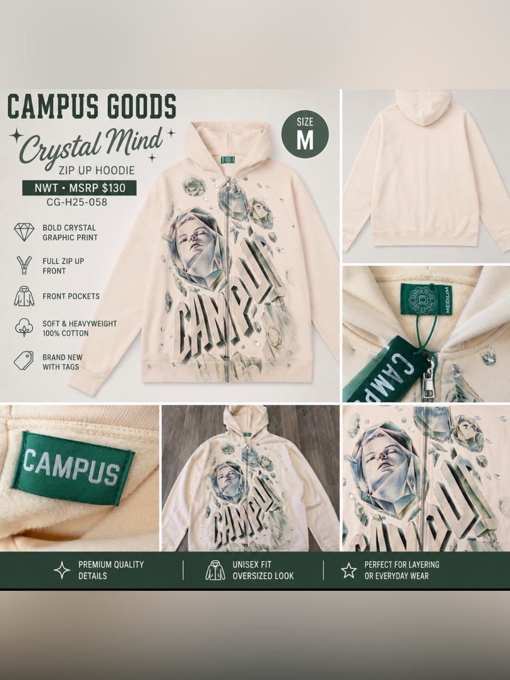 Campus Goods Crystal Mind Zip Up Hoodie Cream Size Medium NWT